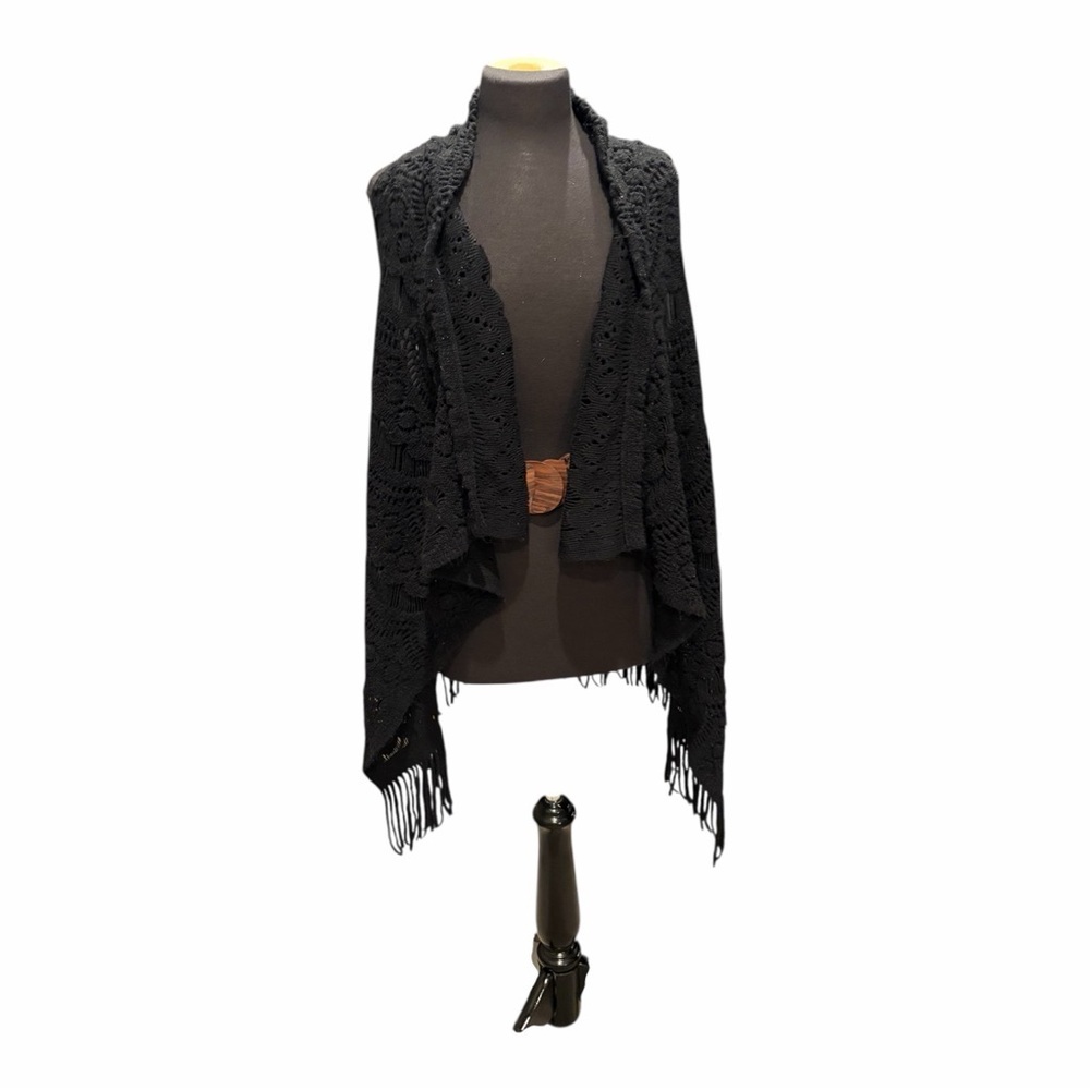 Black Crochet Fringe Shawl Wrap Boho Festival Hippie Layering